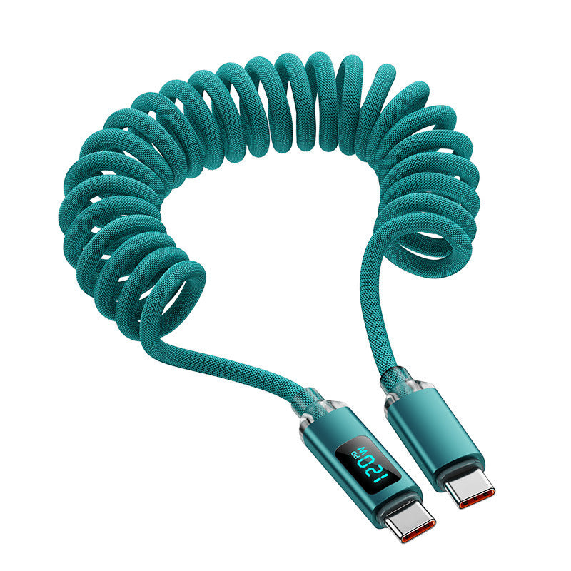 Teal green spring coiled USB-C charging cable with a USB-C plug at both ends