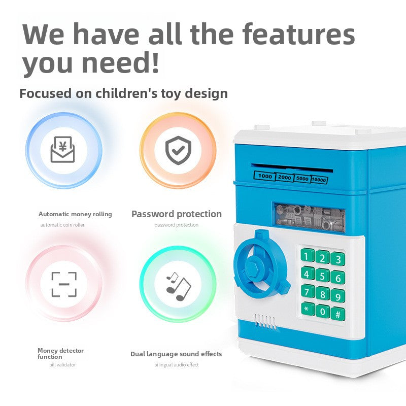 ATM piggy bank with a coin slot on top and a keypad code lock on the front