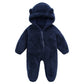 Navy blue plush fleece infant romper with bear ear hood and front zip, option image for size 12