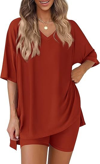Brick Red milk silk V neck loungewear set, oversized top and matching shorts, size S