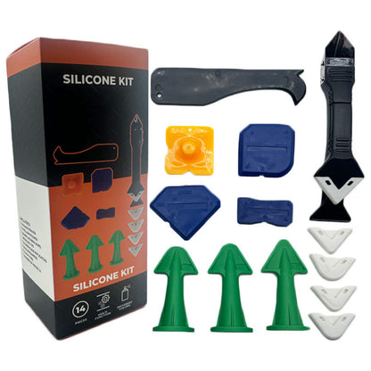 Red cap and triangular caulk nozzles shown beside silicone finishing profiles