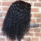 Short curly black synthetic lace front bob wig shown on a model, front view