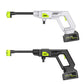 White and black versions of the cordless car wash gun, each with its lithium battery pack fitted
