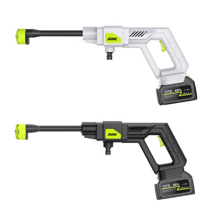 White and black versions of the cordless car wash gun, each with its lithium battery pack fitted