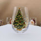 Clear borosilicate Christmas glass cup with a raised painted flat Christmas tree holiday motif