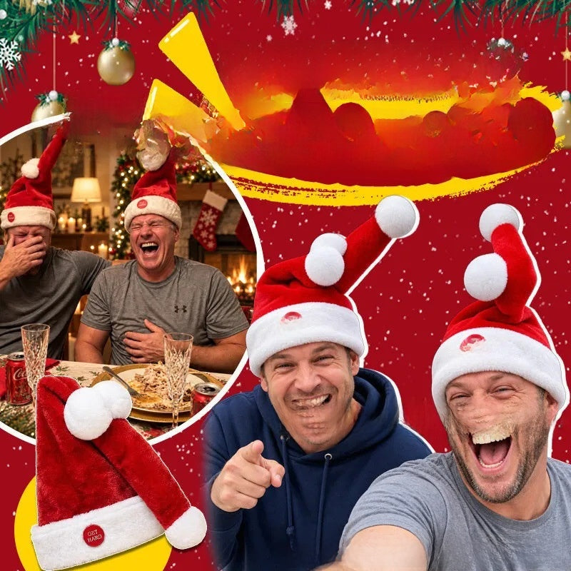Red festive collage of laughing people in Santa hats with a long tail and white pom pom beside a hat close-up