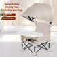 Beige folding baby feeding chair with canopy, tray and open harness on a maker panel