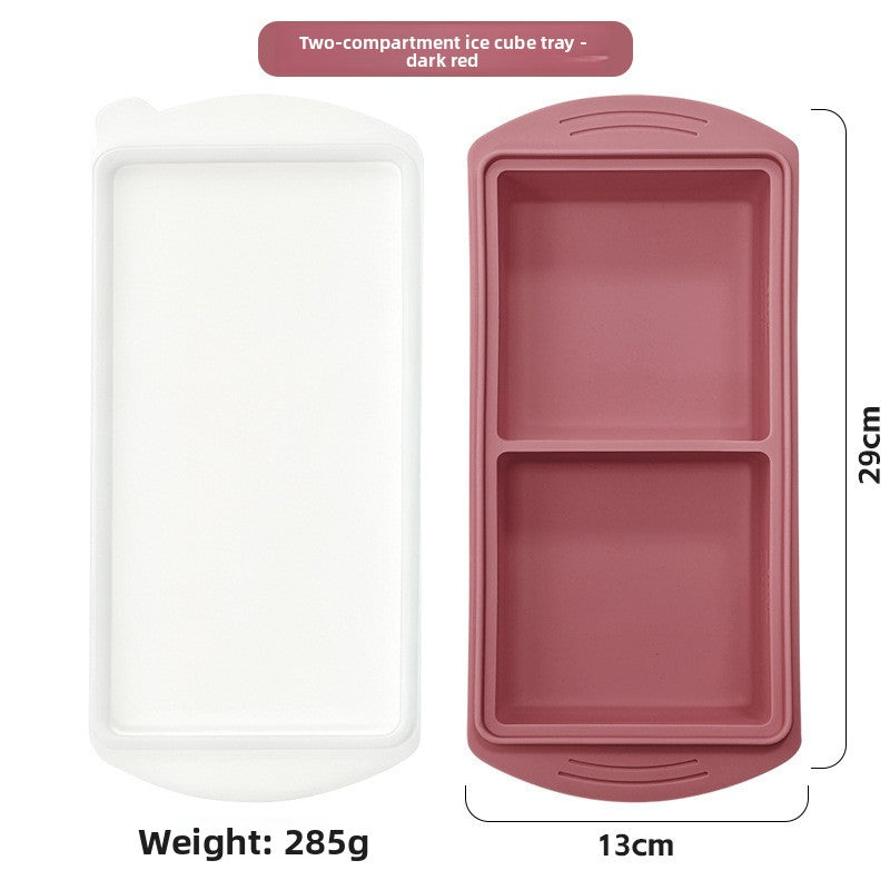 Two compartment silicone tray beside its white lid, 29 cm long, 285 g, option 2 Cavities 29 cm Tray, Dusty Rose
