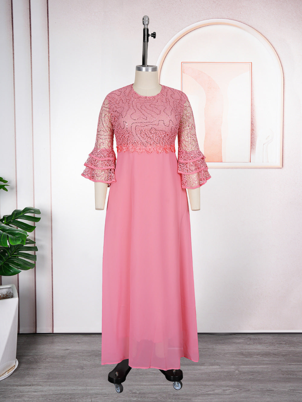 Floral lace bodice and chiffon A line skirt of a long occasion dress