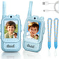 Pair of blue video walkie talkies with child portraits on screen, two blue lanyards and a Type-C cable