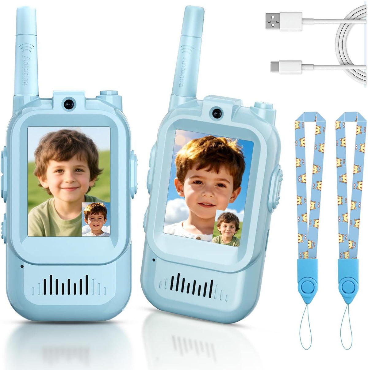 Pair of blue video walkie talkies with child portraits on screen, two blue lanyards and a Type-C cable