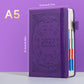 Purple A5 zodiac planner notebook with elastic band, pen loop, and 14.5 by 21.2 cm size