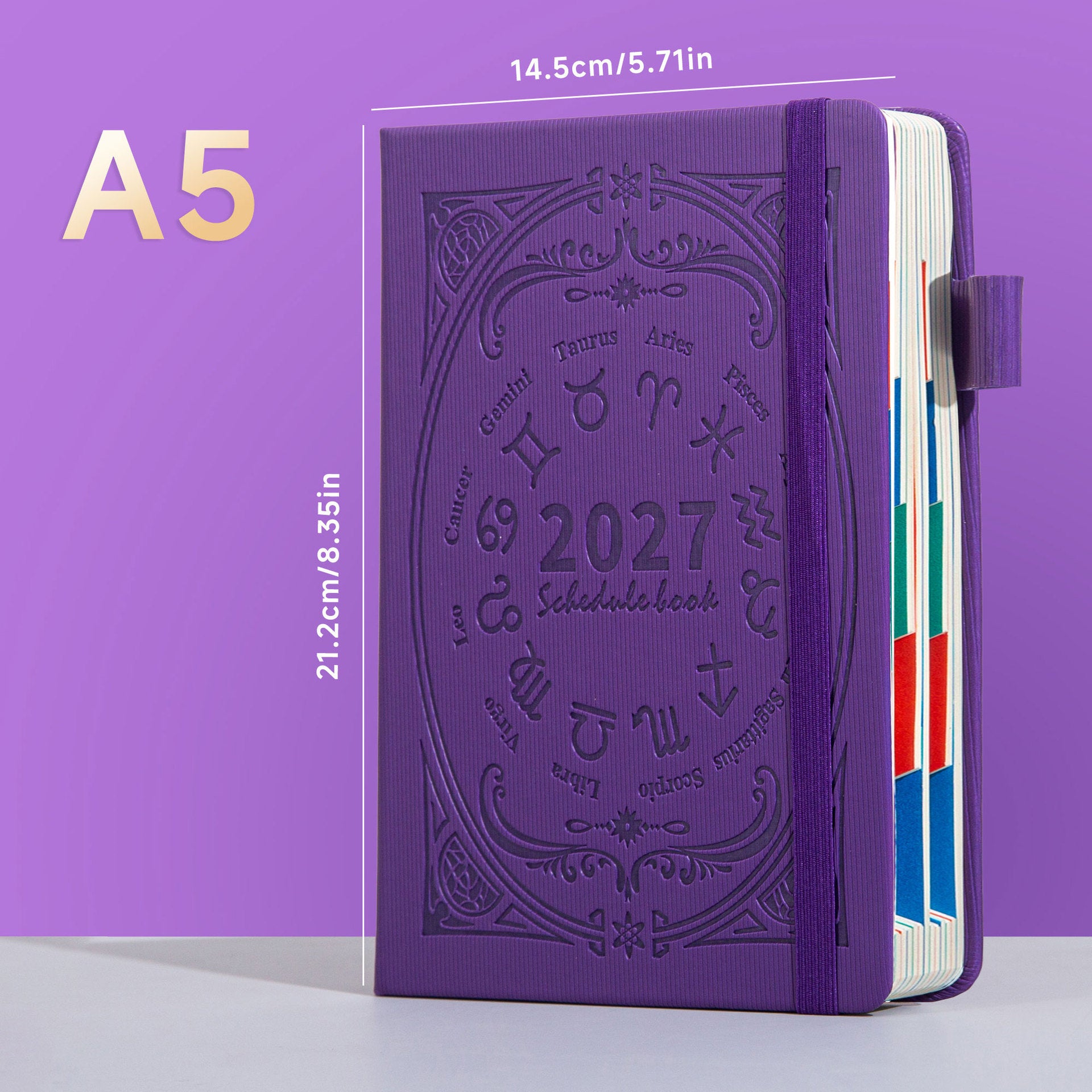 Purple A5 zodiac planner notebook with elastic band, pen loop, and 14.5 by 21.2 cm size