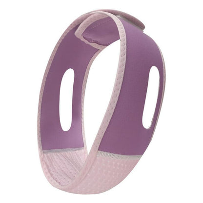 Purple stretchy face and chin compression wrap with two ear openings
