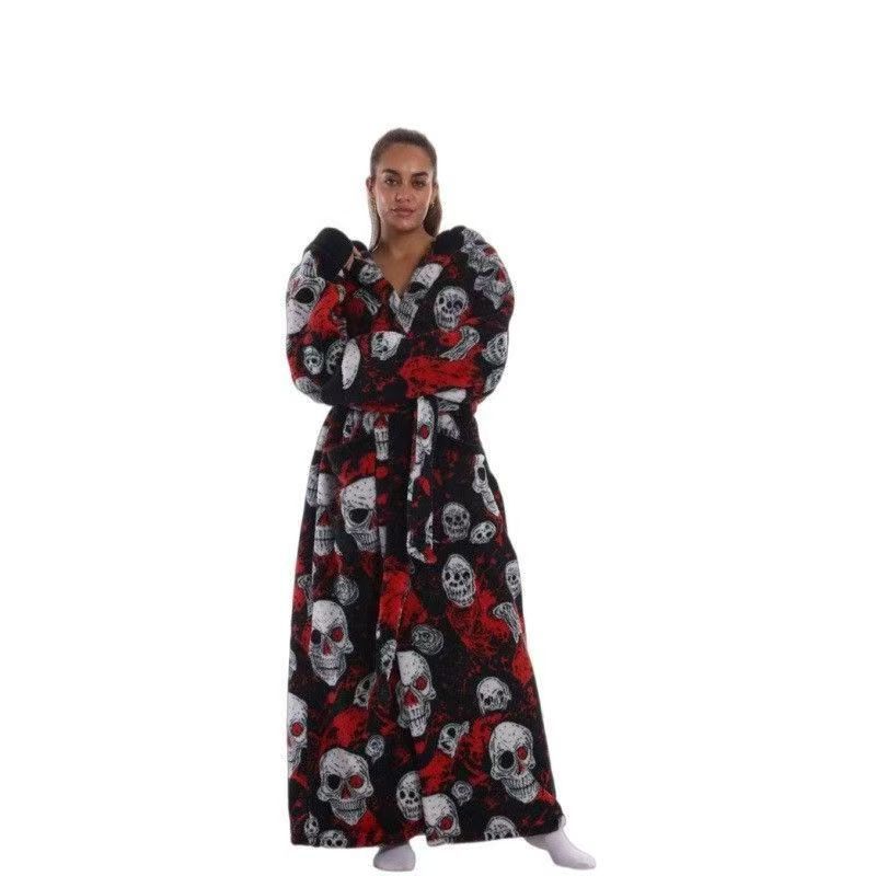 Long black fleece bathrobe with skull and red swirl print, plush hood and tie belt, Skull Long Hooded Robe, size XL