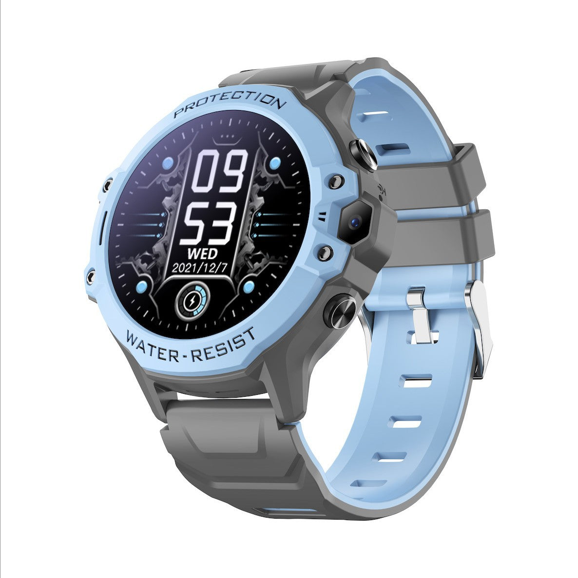 Light blue kids smart watch with a grey case and digital watch face showing 09:53, WATER-RESIST printed on the bezel
