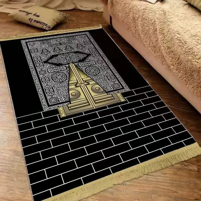 Plush velvet Islamic prayer mat with a printed ornamental design and fringed ends on a wood floor