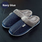 Plush warm home slipper with a PU upper, plush lining and thick anti slip sole, navy blue