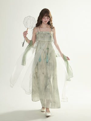 Chinese style tube top fairy dress worn in a sunlit garden