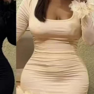 Close up of a woman's ruched beige dress bodice with a square neckline and a rosette at the cuff