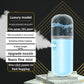 Blue nano facial mister on stone with notes on the refillable tank and nozzle