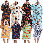 Eight printed oversized hooded fleece pullovers worn by models, with front pouch pockets and plush trim