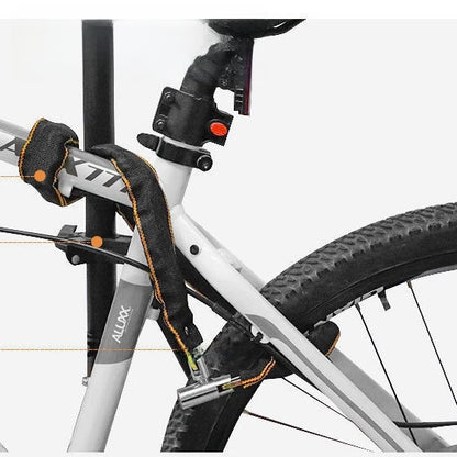 Bicycle chain lock with metal links and a black fabric sleeve, front hero shot