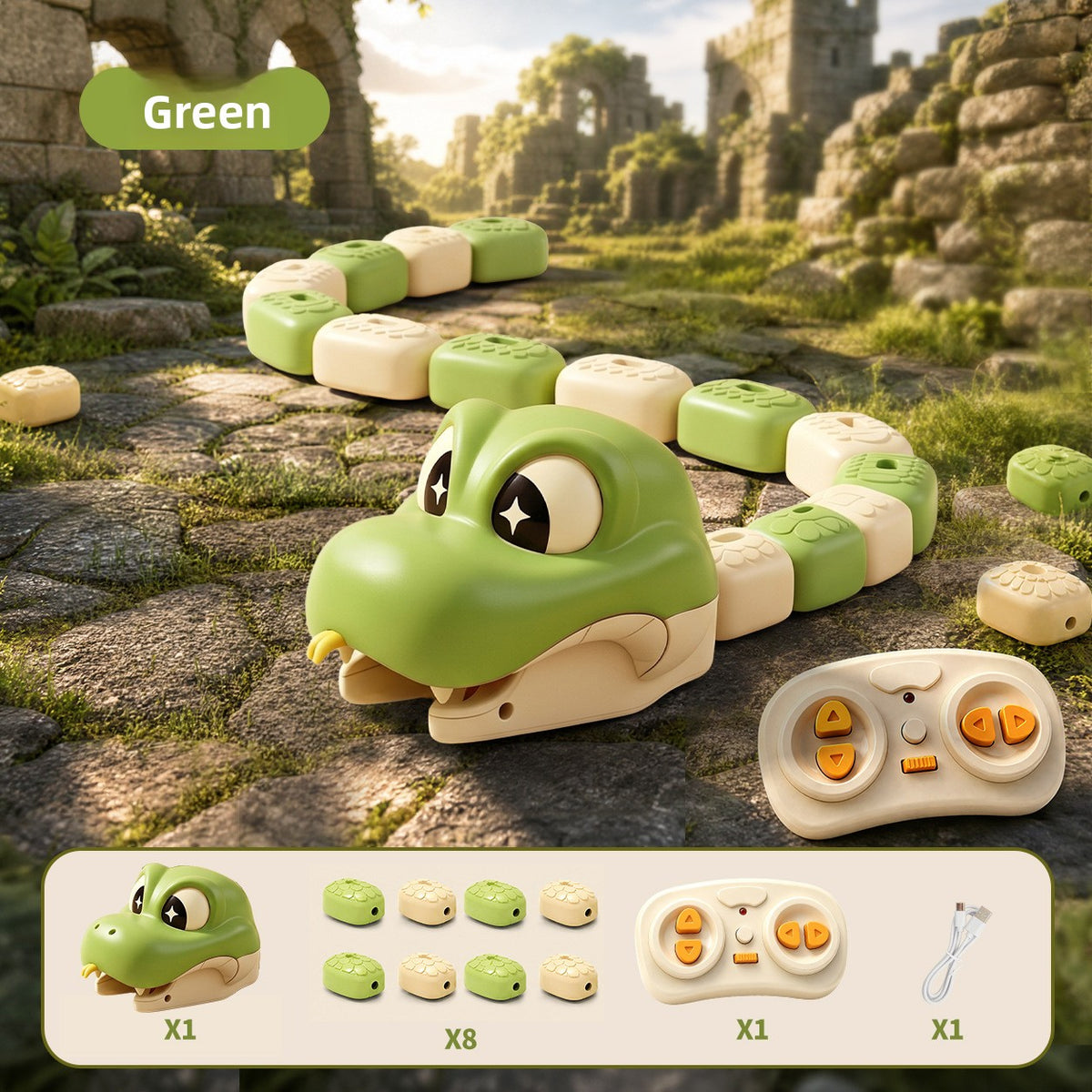 Beige remote control magnetic snake toy with big cartoon eyes on paved ground