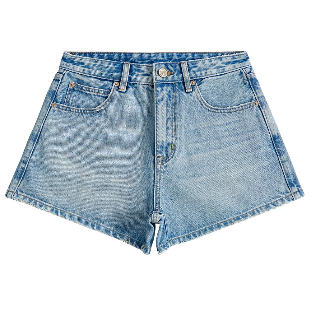 High waist light blue denim shorts shown flat with belt loops