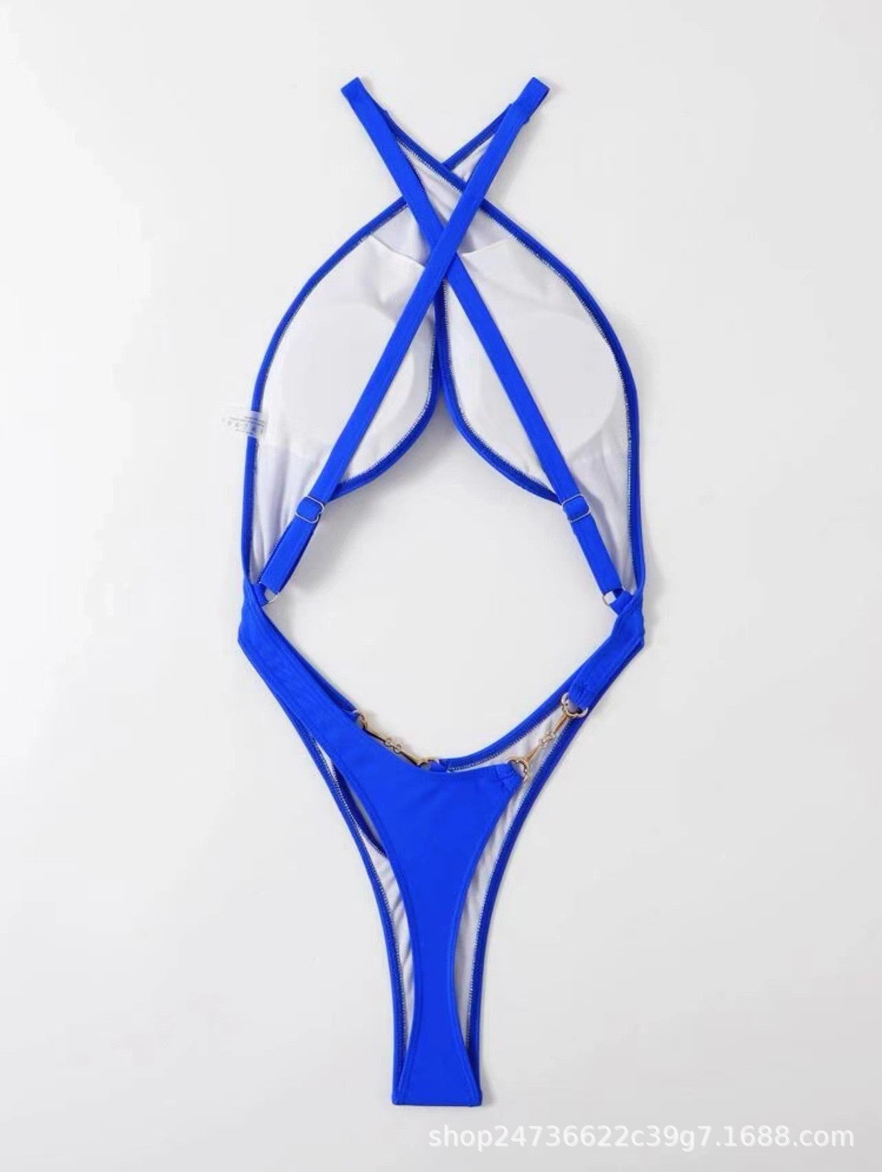 Cobalt blue one piece swimsuit laid flat to show the crossover straps and midriff cutout