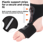 Black ankle foot orthosis with aluminum strip and tension knob worn on a lower leg and foot