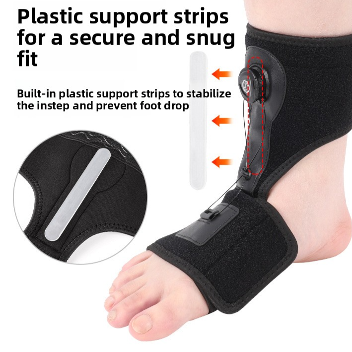 Black ankle foot orthosis with aluminum strip and tension knob worn on a lower leg and foot