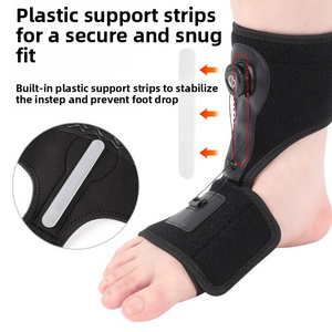 Black ankle foot orthosis with aluminum strip and tension knob worn on a lower leg and foot