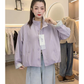 Womens casual button front short jacket in khaki, back view
