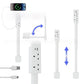 Power socket extender shown bending and extending, with a phone charging icon and cable ends beside it