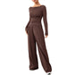Brown boat neck long sleeve top and high waist wide leg pants set, full length standing