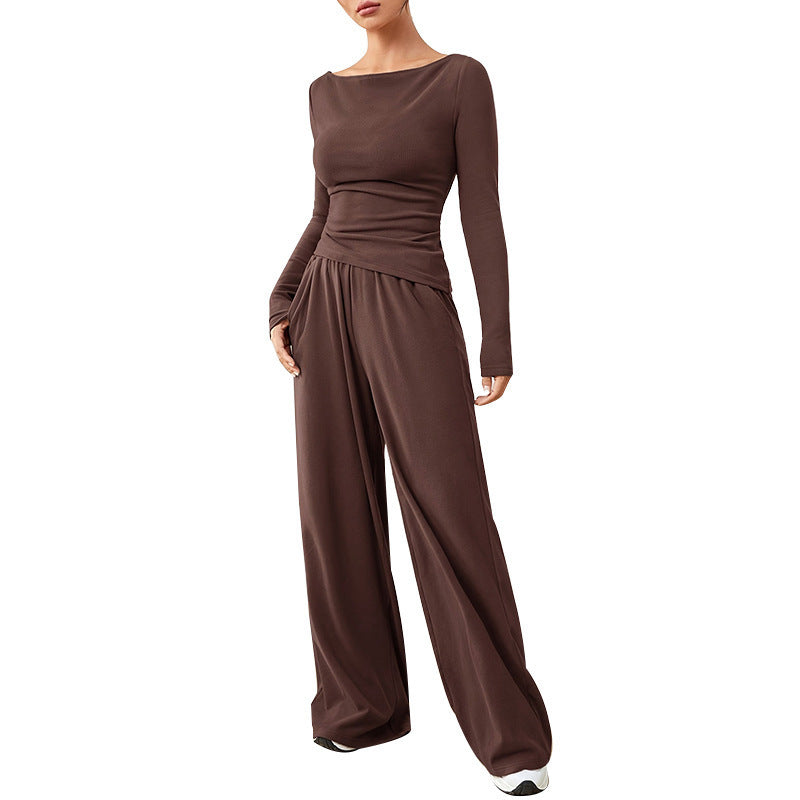 Brown boat neck long sleeve top and high waist wide leg pants set, full length standing