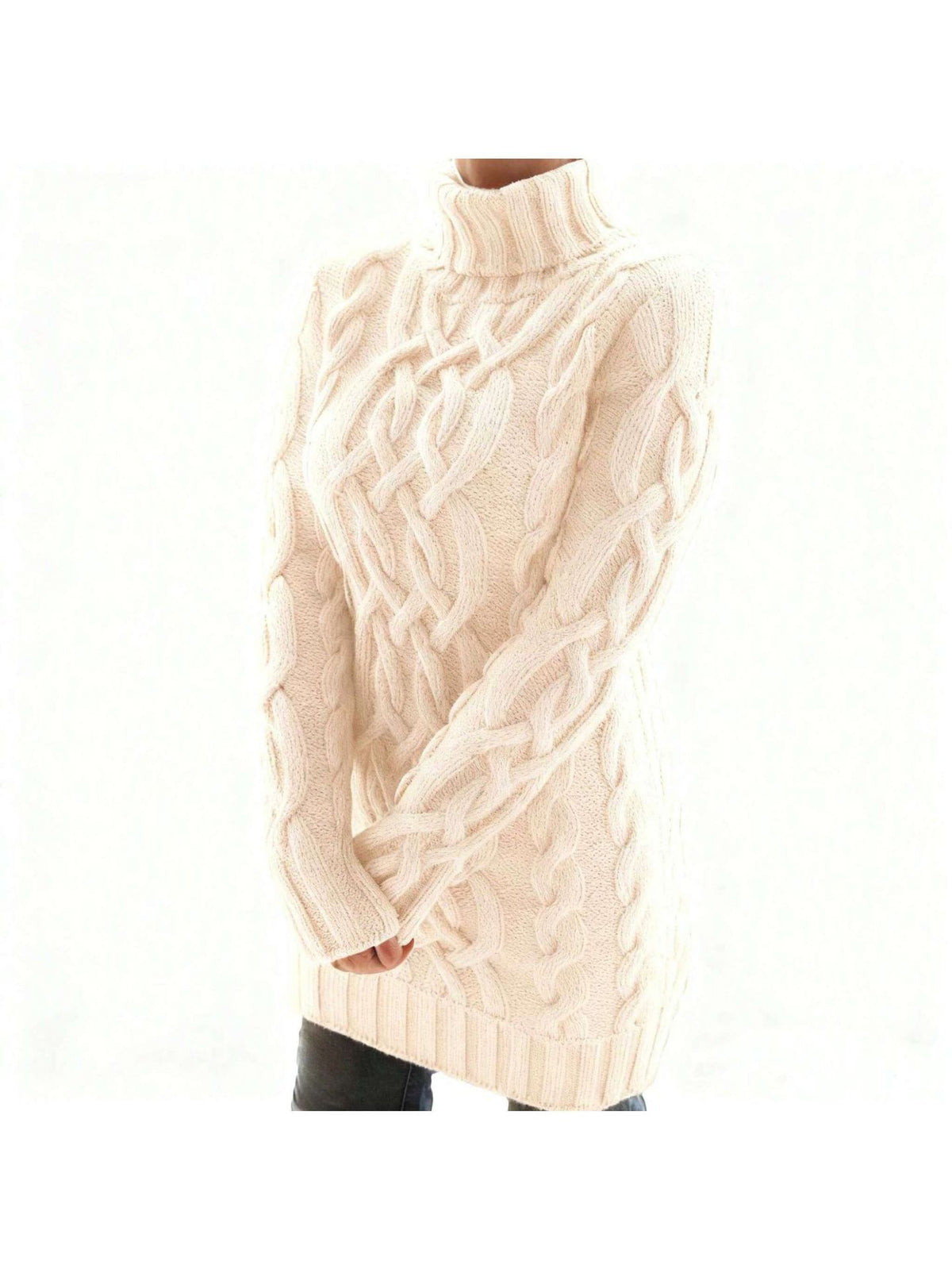 Cream option, size 2XL: chunky cable knit turtleneck sweater dress with ribbed hem
