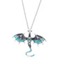 Antiqued dragon charm resting flat at the collarbone on its chain