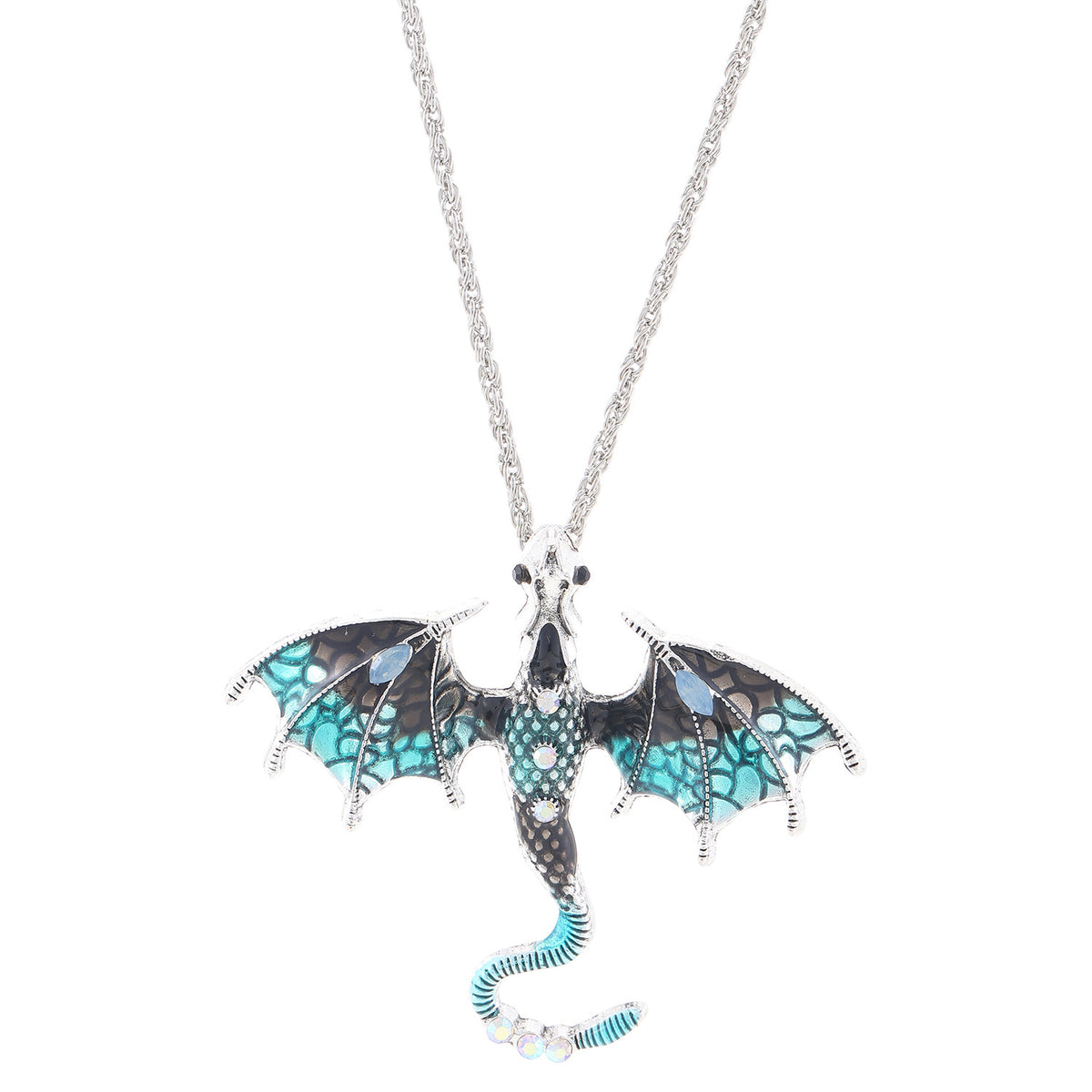 Antiqued dragon charm resting flat at the collarbone on its chain