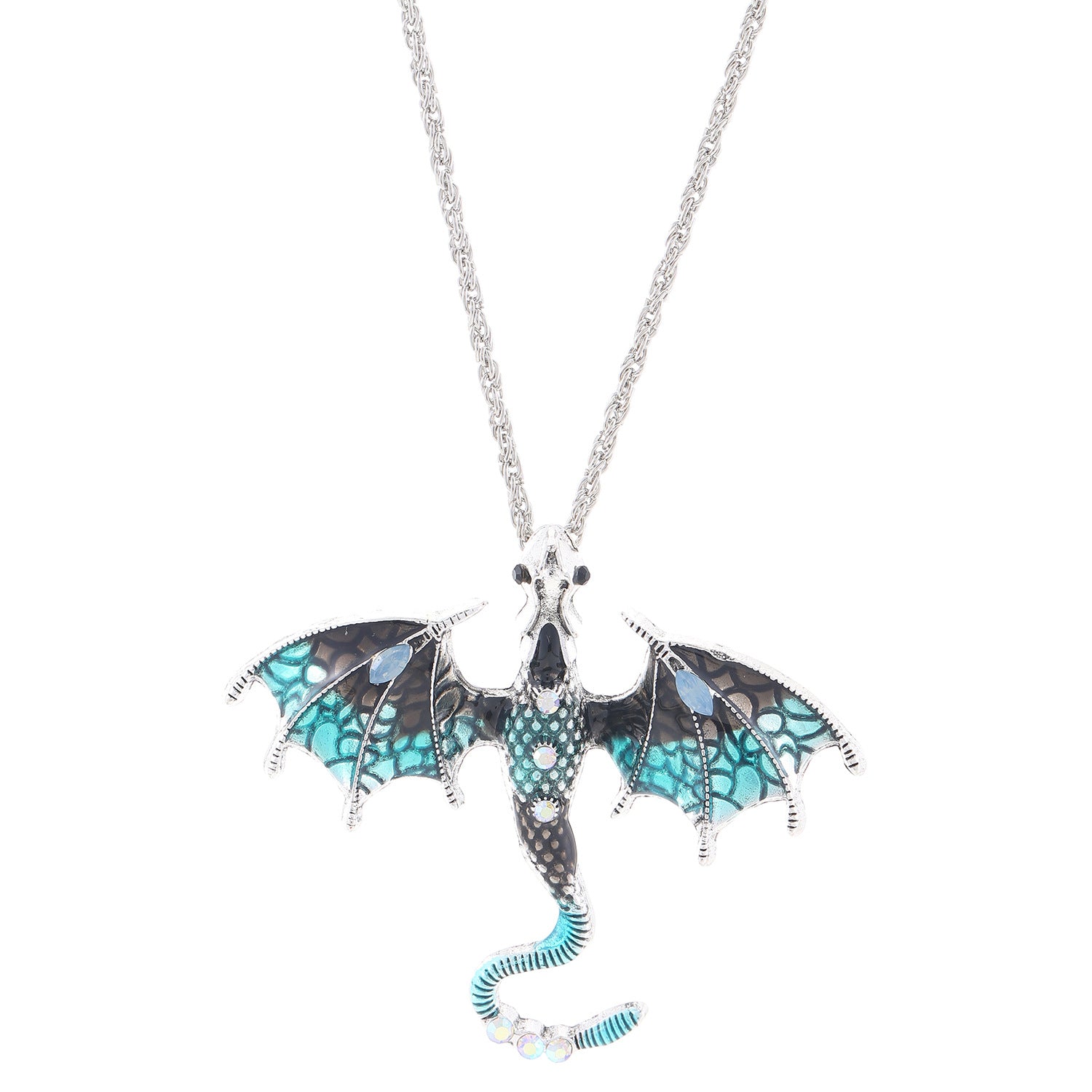 Antiqued dragon charm resting flat at the collarbone on its chain