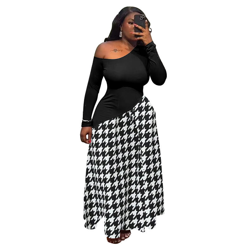 Long sleeve maxi dress with an asymmetric one-shoulder neckline and a full printed skirt