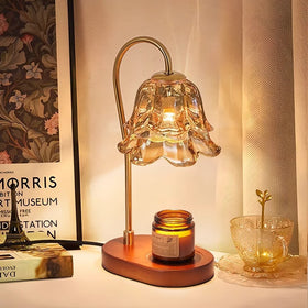 Retro Candle Warmer Lamp with Amber Tulip Shade and Wood Base, Dimmable