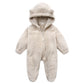 Beige plush fleece infant romper with bear ear hood and front zip, option image for size 3