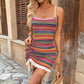 Bright rose red multicolour boho striped knit strappy mini dress with square neck, front view