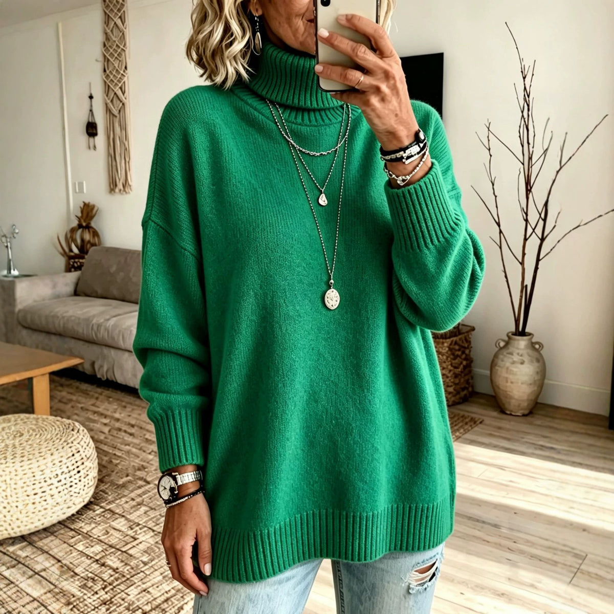 Woman in a green turtleneck knit sweater with a loose fit, ribbed cuffs and a layered pendant necklace