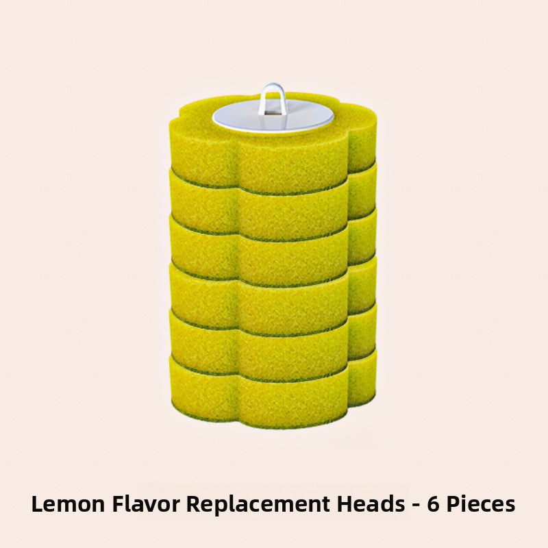 Stack of six yellow flower shaped lemon scent replacement sponge heads with a ring pull on top
