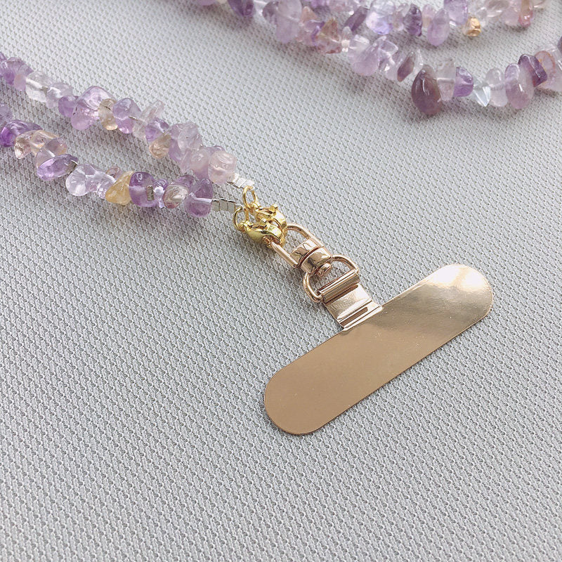 Amethyst citrine phone lanyard worn crossbody at hip length on the body