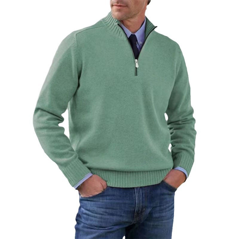 Mens acrylic knit quarter zip mock neck pullover sweater shown in several colours on a standing model