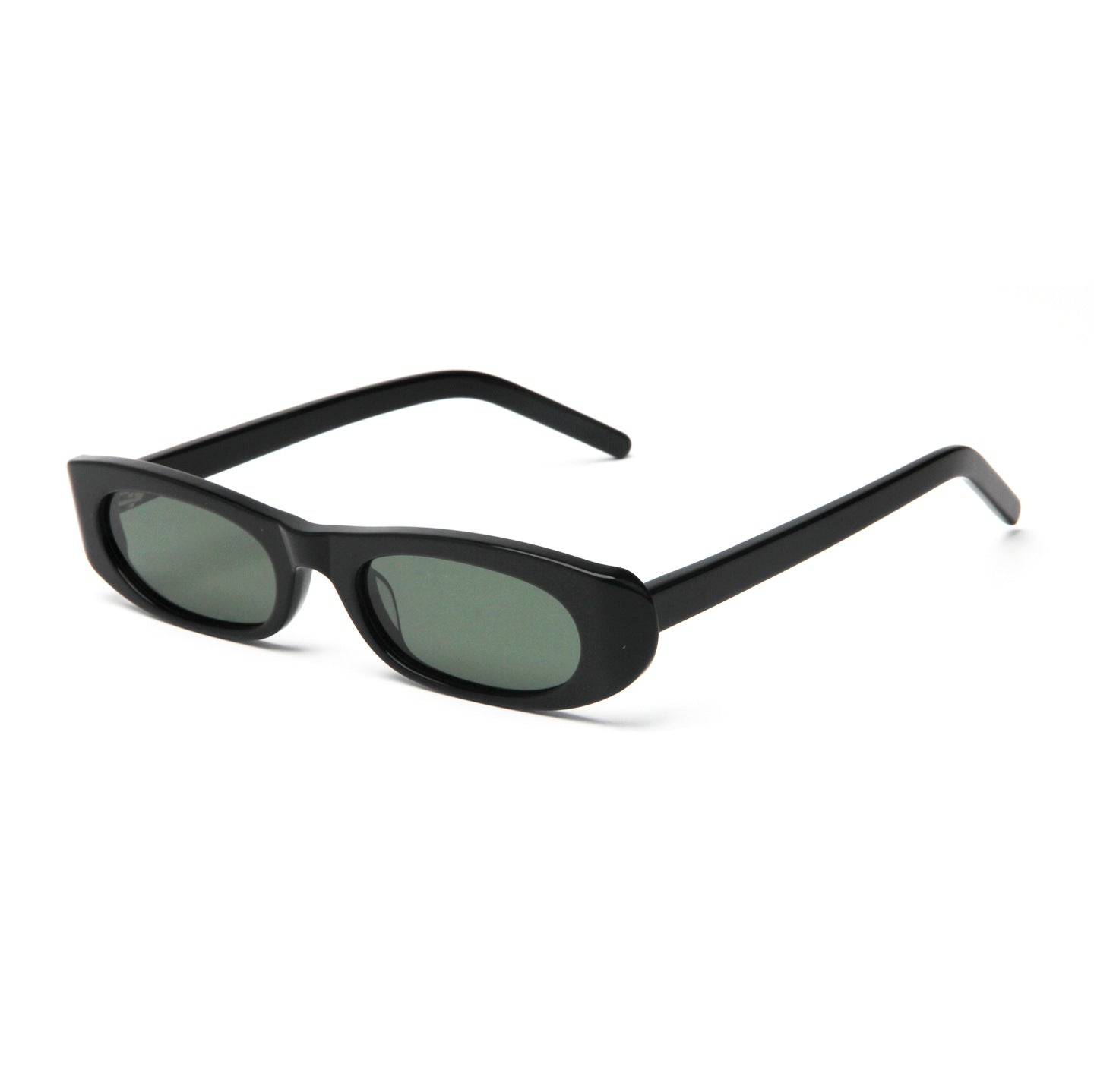 Black slim oval acetate sunglasses with grey polarized lenses on a white background